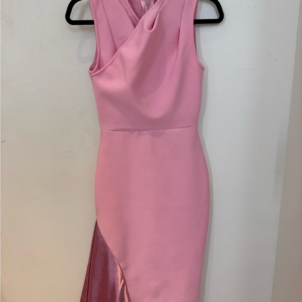 Pink Bandage Sleeveless Sheath Dress with Asymmetrical Satin Panel